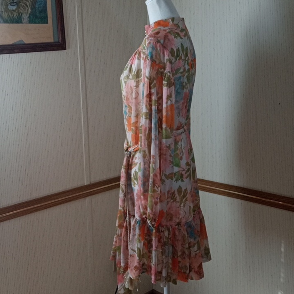 Taylor Pink and Orange Floral Long-Sleeve Button Dress with Tie Waist, Cottage C - Picture 6 of 10